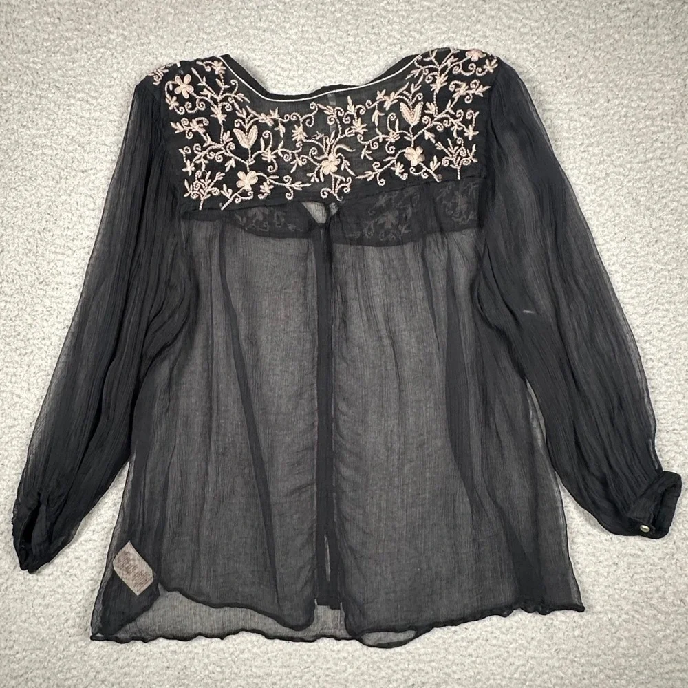 Free People Piped Dreams Blouse Women's S Black Sheer Embroidered Boho Gothic
